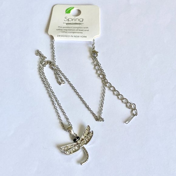 Dragonfly Necklace Crystal Silver Plated Pendant Insect Bug Sparkly 16-18" Chain - Picture 8 of 10